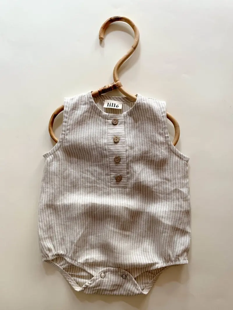 Linen Romper | Beige Stripe