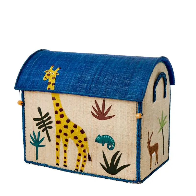 RICE Raffia Storage house - Jungle Animals - Blue - Medium